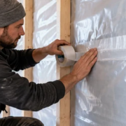 13323-feature-image Builder tapes the vapor control layer seam against an insulated timber-framed wall.