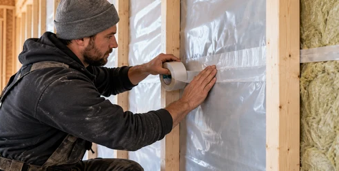 Builder tapes the vapor control layer seam against an insulated timber-framed wall.