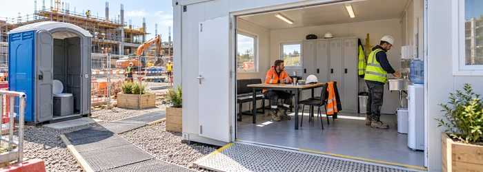 Construction workers use a clean site welfare cabin with handwashing, drinking water and rest seating beside a portable toilet and active build site.