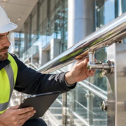 Engineer inspects polished stainless-steel handrail fittings on a modern building facade.
