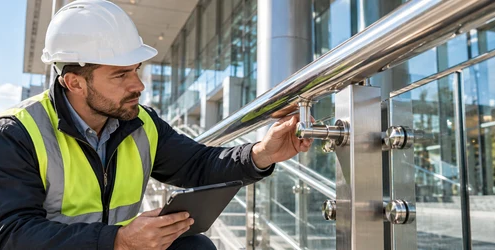 Engineer inspects polished stainless-steel handrail fittings on a modern building facade.