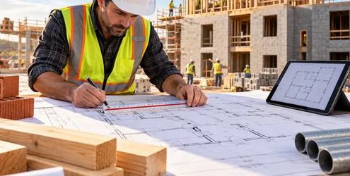 An estimator measures building-plan dimensions with a scale ruler while comparing brick, lumber, and conduit quantities on a tablet.