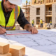 An estimator measures building-plan dimensions with a scale ruler while comparing brick, lumber, and conduit quantities on a tablet.