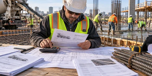 A construction estimator calculates direct concrete and reinforcement costs from supplier records, crew hours, and project drawings.