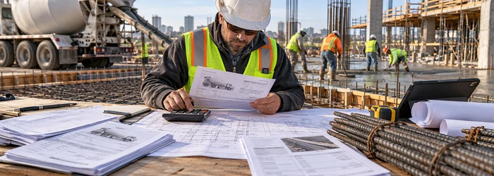 A construction estimator calculates direct concrete and reinforcement costs from supplier records, crew hours, and project drawings.