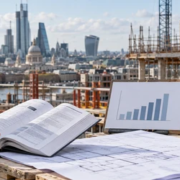 A quantity surveyor checks a construction cost reference book and benchmark chart against plans and material samples at a London building site.