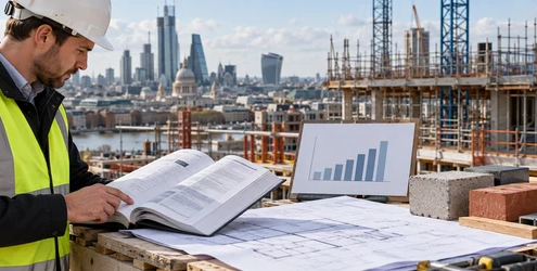 A quantity surveyor checks a construction cost reference book and benchmark chart against plans and material samples at a London building site.