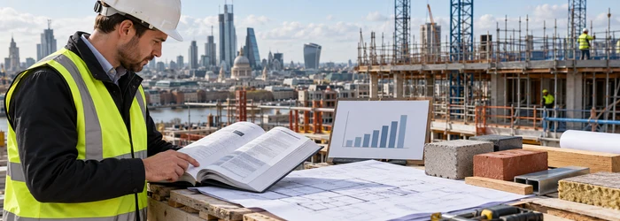A quantity surveyor checks a construction cost reference book and benchmark chart against plans and material samples at a London building site.