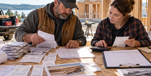A contractor and bookkeeper calculate project overhead and profit from receipts, labor records, and a construction estimate.