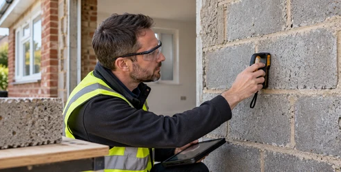 Building surveyor checks an existing concrete block wall as part of a mundic-block durability assessment.