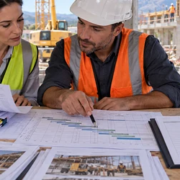 An accountant and project engineer track current construction costs against progress plans while the unfinished building remains active on site.