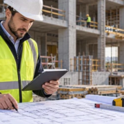 Quantity surveyor measuring construction quantities on plans at an active building site