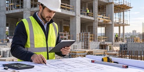 Quantity surveyor measuring construction quantities on plans at an active building site