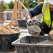 Mason measures separate cement and sand loads before mixing mortar at a construction site