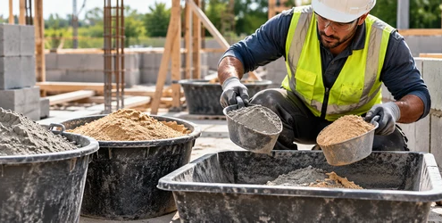 Mason measures separate cement and sand loads before mixing mortar at a construction site