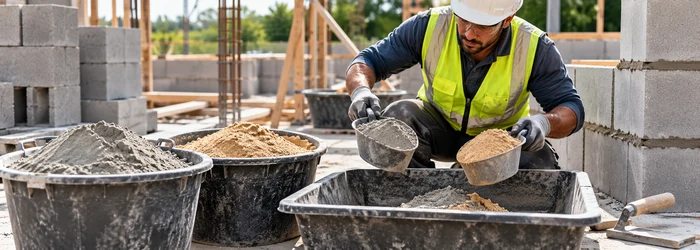 Mason measures separate cement and sand loads before mixing mortar at a construction site