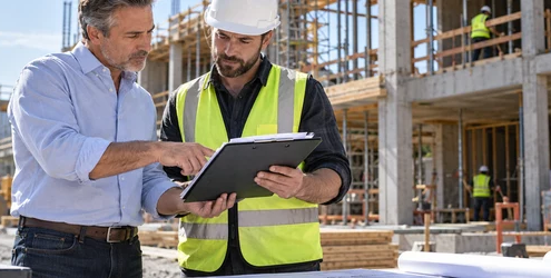 Owner and contractor reviewing completed work for an interim construction payment
