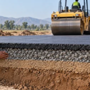 Engineer inspecting asphalt, crushed stone, granular subbase, and compacted soil road layers