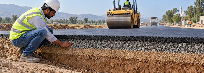Engineer inspecting asphalt, crushed stone, granular subbase, and compacted soil road layers