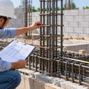 Engineer checks rebar spacing in a single-storey foundation against structural drawings.