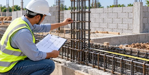 Engineer checks rebar spacing in a single-storey foundation against structural drawings.