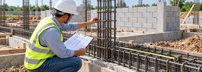 Engineer checks rebar spacing in a single-storey foundation against structural drawings.