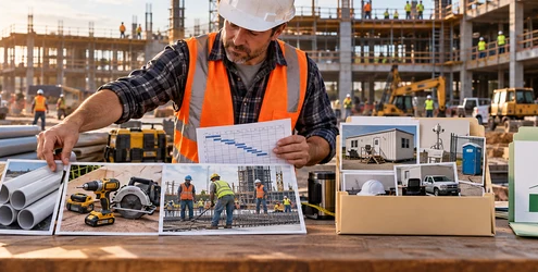 A contractor estimator separates materials and labor costs from overhead and profit categories while reviewing an active commercial site.