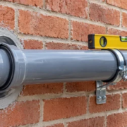 A plumber levels and secures a horizontal drain pipe through a sleeved opening in a brick wall.