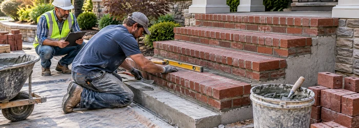 A mason levels brick stair treads on a prepared base while a supervisor checks the stair alignment and mortar joints.