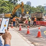 Commuter checking a roadwork map on a phone as crews and a detour close one lane