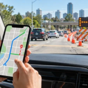Passenger checks an alternate route on a phone while roadwork closes a lane ahead, with cones guiding traffic to a detour.