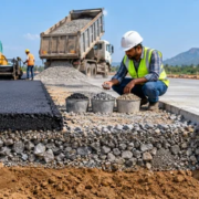 Engineer inspecting asphalt, concrete, crushed stone, and gravel used in road construction