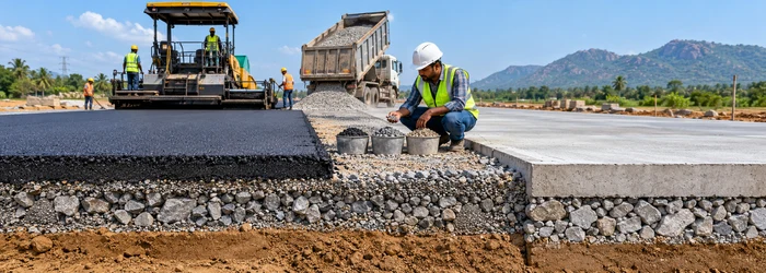 Engineer inspecting asphalt, concrete, crushed stone, and gravel used in road construction