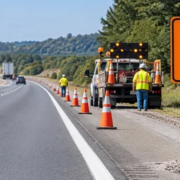 End Road Work sign marks the return to normal highway conditions beyond a coned work zone