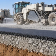 Cement-treated base road layer is mixed and compacted beneath asphalt