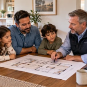 Family reviews a home floor plan with an inspector to assess comfortable room capacity.