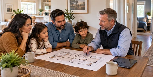 Family reviews a home floor plan with an inspector to assess comfortable room capacity.