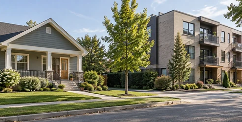 Detached single-family home beside a multi-unit apartment building, showing the difference between housing types.