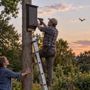 Carpenter mounts a wooden bat house high above a garden to provide safe roosting space.