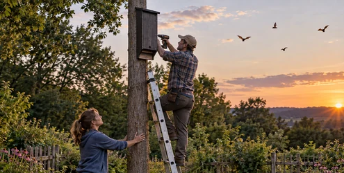 Carpenter mounts a wooden bat house high above a garden to provide safe roosting space.