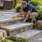 A contractor levels a two-step garden stair between a patio and landscaped path while an architect checks the landing transition.