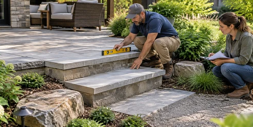 A contractor levels a two-step garden stair between a patio and landscaped path while an architect checks the landing transition.