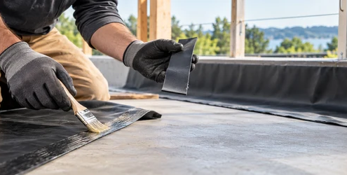Builder checks the tack of a thin rubber cement coat before bonding a rubber sheet