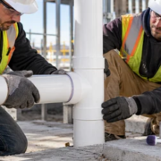 A plumber holds a PVC pipe joint aligned after solvent cement is applied, before the completed installation is tested.