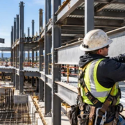 Steel erector bolts a structural beam into a building frame as a crane lifts another steel member.