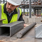 Engineer compares beam, hollow structural tube, rebar, and galvanized angle samples against project drawings before ordering.