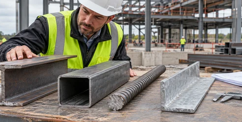 Engineer compares beam, hollow structural tube, rebar, and galvanized angle samples against project drawings before ordering.