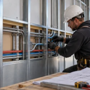 Installer routes plumbing and electrical services through a steel SIP wall assembly before closure.