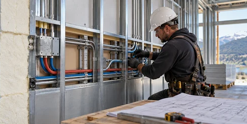 Installer routes plumbing and electrical services through a steel SIP wall assembly before closure.