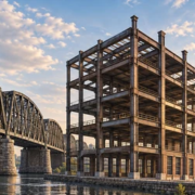 Riveted steel bridge, early steel-frame building, and modern high-rise frame show how steel construction has evolved.